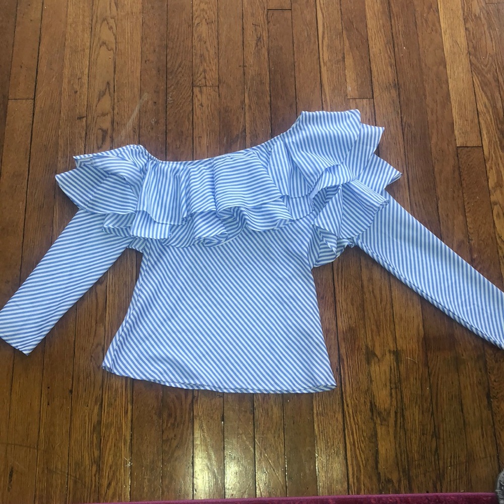 Ruffled blue & white striped off the shoulder top